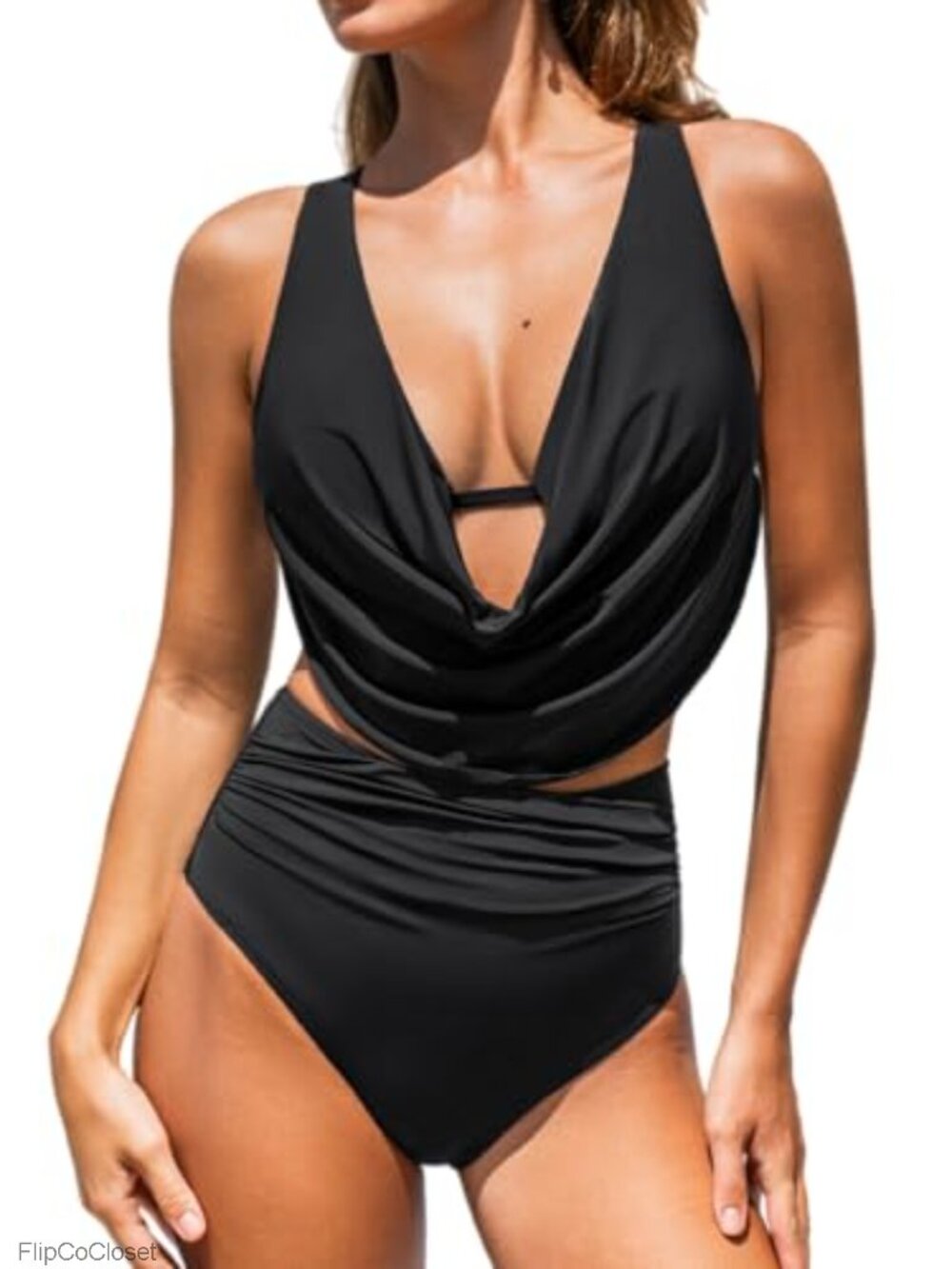 High Waisted Cowl Neck Two Piece Bikini Set Crisscross Back